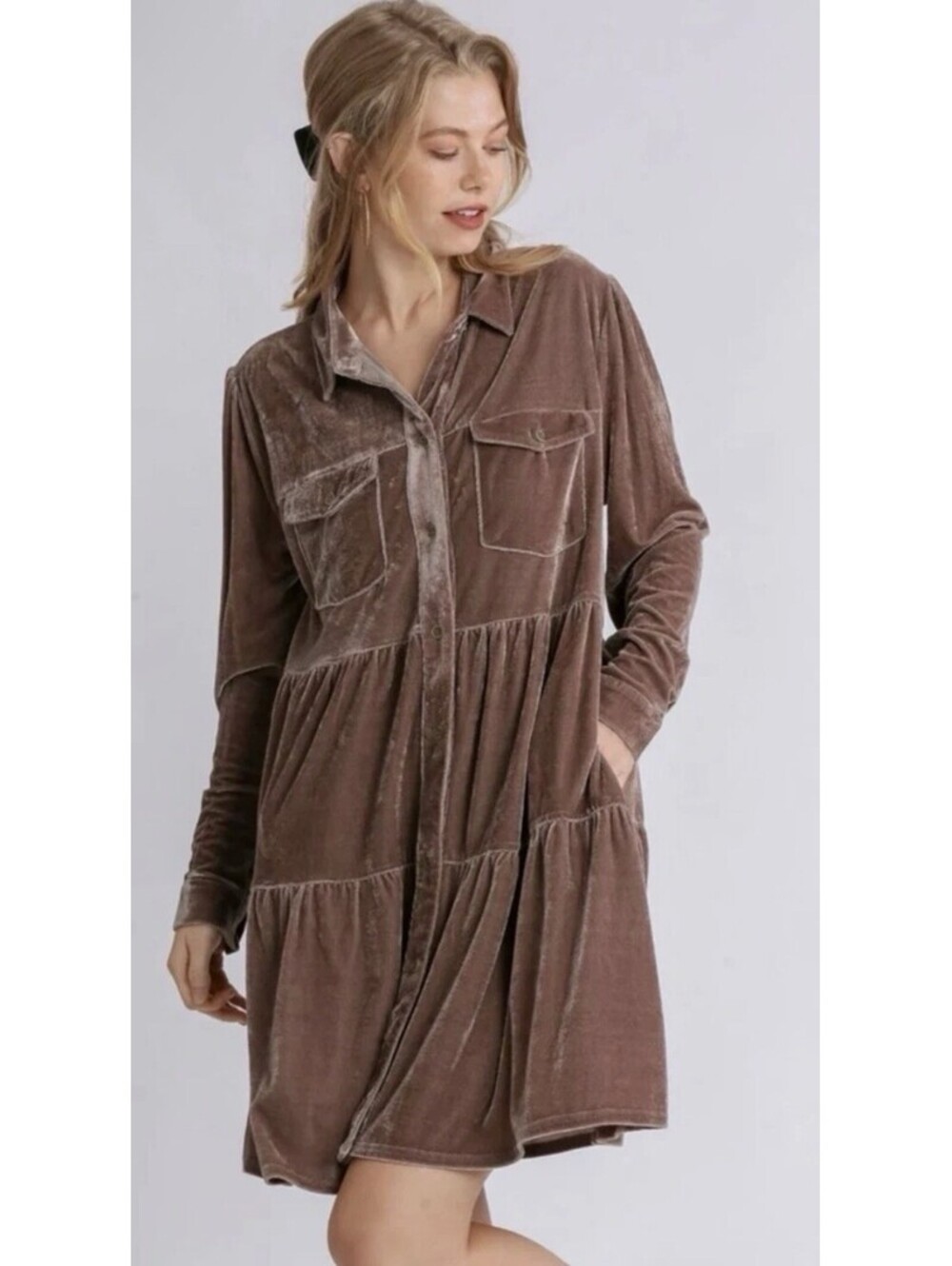 Umgee Brown Velvet Tiered Dress Button Front Shimmer Cottagecore Boho Sz L